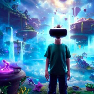 The hero image depicts a child, around the age of 10, wearing a VR headset and standing in awe within a captivating virtual world. The virtual landscape is vivid and fantastical, with floating islands, colorful creatures, and shimmering waterfalls. The child's expression reflects a sense of wonder and amazement as they interact with the virtual environment. The image aims to convey the allure of VR's immersive experiences while capturing the curiosity and excitement of a young audience.