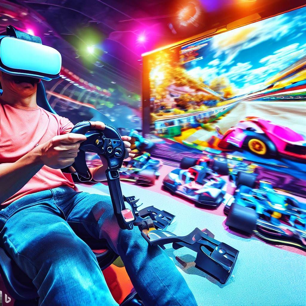 Show a dynamic scene of a player wearing a VR headset and holding VR controllers while sitting in a racing setup. The background could be a vibrant Mario Kart track, with colorful surroundings, obstacles, and other racers. Capture the moment as the player leans into a turn, fully immersed in the game, with a determined expression on their face. This image would convey the excitement and immersion of playing Mario Kart on VR.
