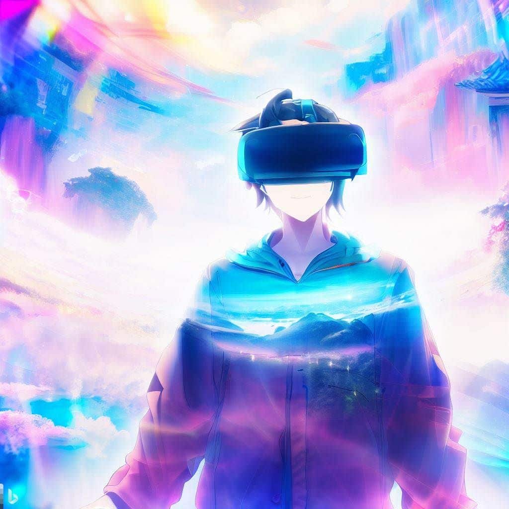Showcase a captivating hero image that depicts a player wearing a VR headset, surrounded by an ethereal blend of anime landscapes. The VR headset should be worn by a character dressed in anime-style attire, giving the impression that the viewer is about to step into a vibrant anime world. The background could be a collage of scenes from different anime genres, such as fantasy, sci-fi, and adventure, all blending seamlessly to emphasize the immersive experience of VR anime games.