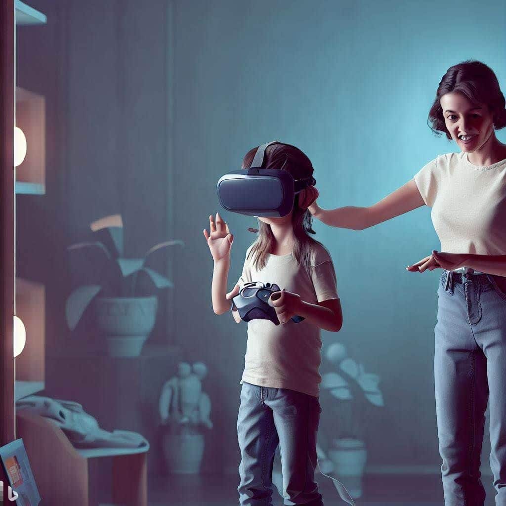 This hero image portrays a child engaged in a VR experience while a parent stands nearby, ensuring their safety. The child is wearing a VR headset and holding VR controllers, immersed in an educational VR scenario like exploring a virtual museum. The parent is attentively observing, symbolizing responsible supervision. The scene could be set against a backdrop that subtly blends a virtual world with the real world, conveying the message of safe and controlled VR usage.
