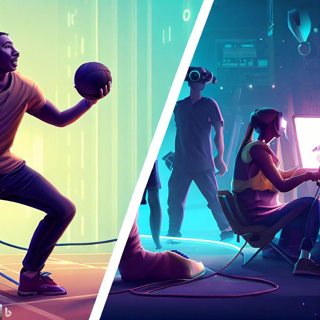 In this hero image, two scenes are juxtaposed side by side. On the left, a person is engaged in VR gaming, depicted by a player wearing a VR headset and holding VR controllers. On the right, the same person is actively participating in a real-world activity, like playing basketball or spending time with friends. The image communicates the importance of finding balance between virtual and real life. The text overlay reads "Reality Unplugged" in a modern, eye-catching font.
