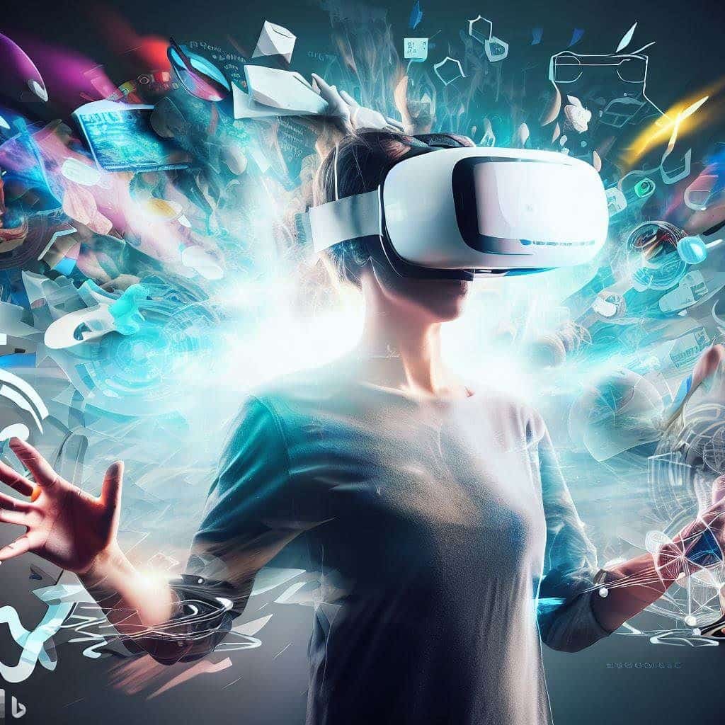 Show a dynamic visual of a person wearing a VR headset, surrounded by various elements representing the challenges of virtual reality. One side of the image could depict the person experiencing a seamless and engaging VR environment, symbolizing the positive aspects of VR. On the other side, there could be distorted and chaotic imagery, representing the problems and complexities outlined in the text. This contrast would visually depict the struggle of balancing the benefits and challenges of VR.