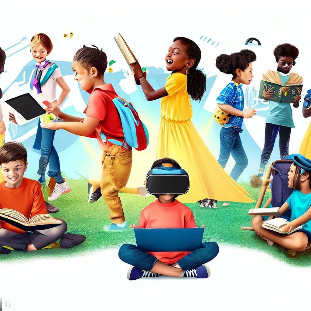 This hero image portrays a diverse group of children engaged in a variety of activities, both in the virtual world and the physical world. On one side, children are seen laughing and playing traditional outdoor games, reading books, and engaging in hands-on creative projects. On the other side, a few children are shown wearing VR headsets, engrossed in educational VR experiences. The image symbolizes the need for a balanced approach to technology, highlighting the benefits of both real-world interactions and controlled virtual experiences for children's holistic development.