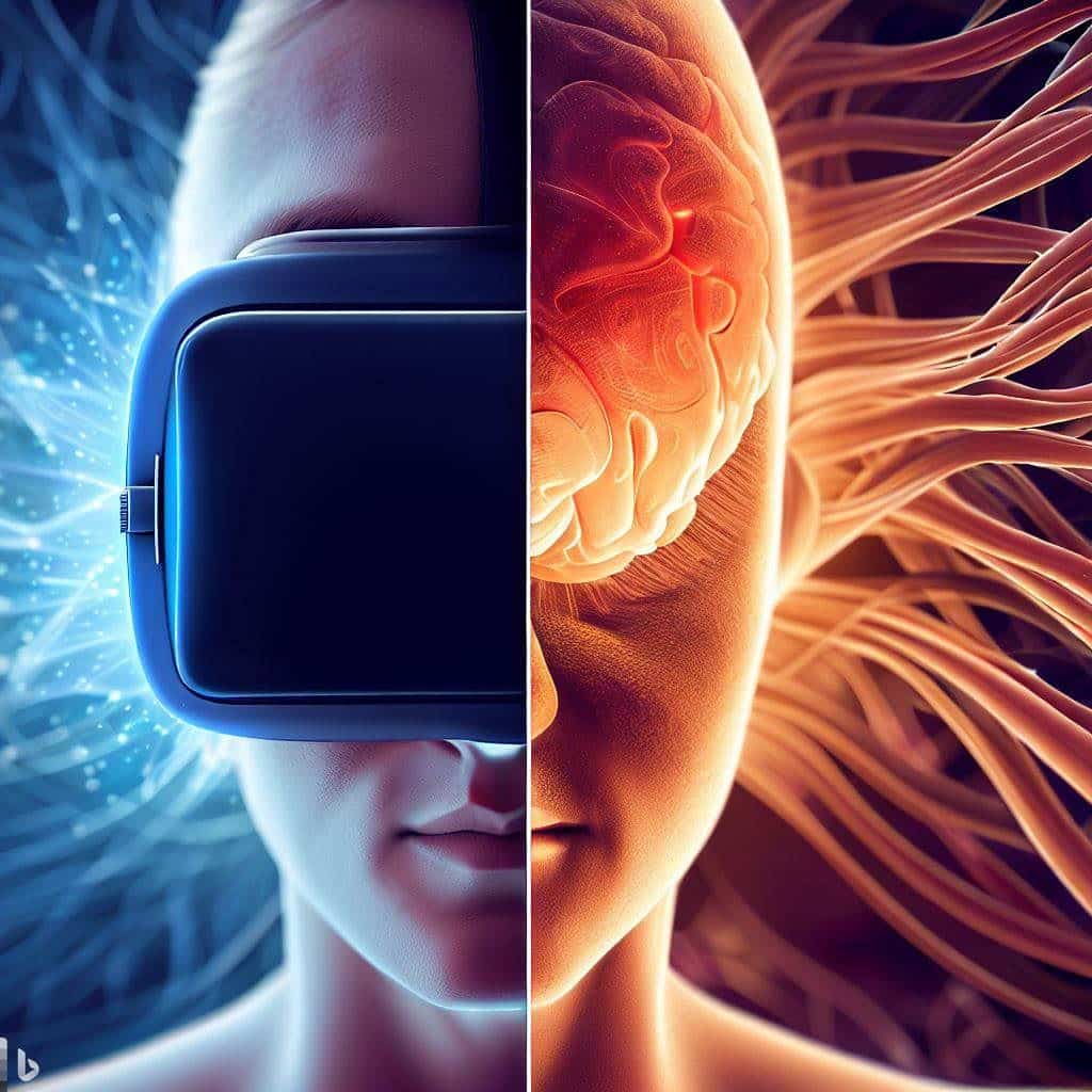 This hero image depicts theconcept of sensory balance, which is crucial in understanding motion sickness in VR. It shows a split-screen view: on one side, a person's eyes are covered by a VR headset, engrossed in a virtual experience; on the other side, a close-up of the inner ear, highlighting its role in maintaining balance. This visual representation illustrates the disconnect between the senses, leading to motion sickness. The image aims to visually explain the scientific aspect of the phenomenon.