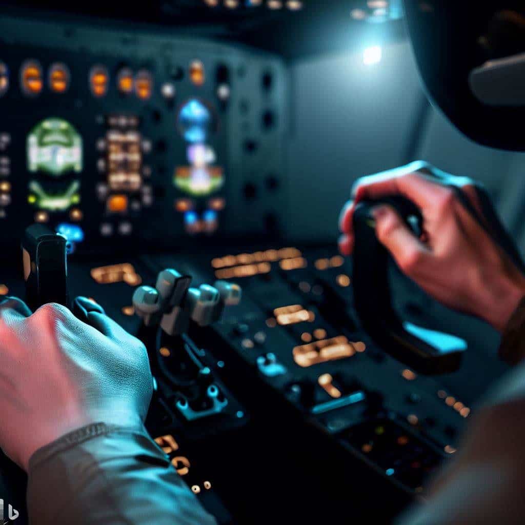 Highlight the intricate details of a virtual cockpit. The image should focus on a pilot's hands gripping the controls, with a VR headset worn by an invisible pilot. The cockpit should be highly detailed, showcasing the level of realism VR flight simulators offer. The lighting should emphasize the textures and materials in the cockpit. This image emphasizes the hands-on experience and the technical accuracy of the simulators.