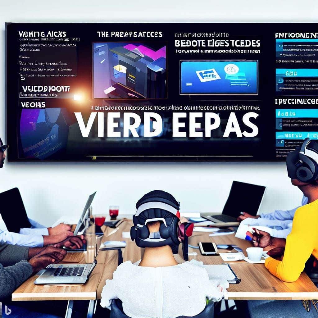 The image showcases a diverse team of individuals sitting around a table or in a virtual meeting room.
Each person is engaged in different tasks related to content creation: writing, editing, VR game testing, and brainstorming.
A large screen at the center displays the title "best Gear VR games & apps" along with a visually appealing layout of the article.
VR headsets are placed on the table, highlighting the theme of VR content.