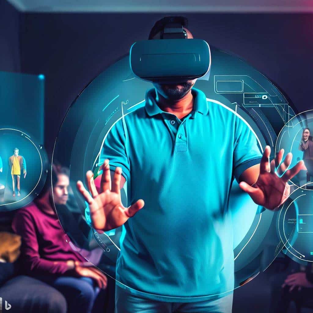 In this hero image, an individual with a determined expression is seen within a virtual environment that represents their fear or anxiety trigger. For instance, if the topic is social anxiety, the virtual environment could depict a social gathering. The person is shown confidently engaging in the scenario, supported by encouraging visual elements. This image conveys the idea of using VR to face fears and gain control over them.