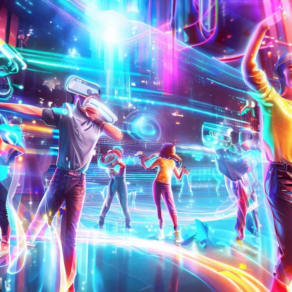 A vibrant and energetic scene depicting a virtual dance floor in a futuristic environment. The image showcases avatars wearing VR headsets, immersed in dynamic dance moves to the beat of the music. The background could feature neon lights, futuristic cityscapes, and visually captivating elements.