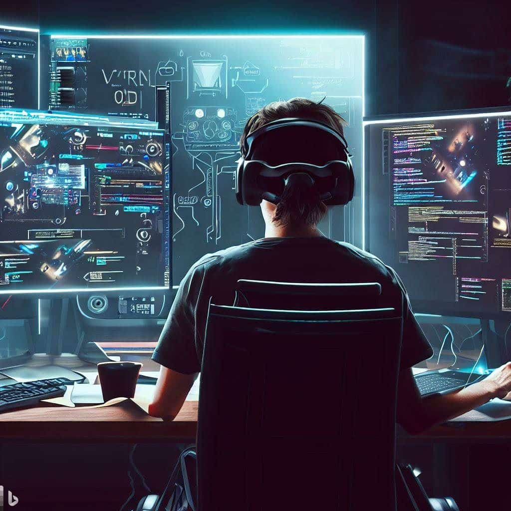 Capture the essence of VR game development by depicting a developer in their workspace. The image could show a person wearing a VR headset while sitting at a desk with a high-end PC setup. They could be surrounded by concept art, 3D models, and screens displaying code. This image would symbolize the behind-the-scenes effort that goes into creating VR games, highlighting the technical and creative aspects of the process.