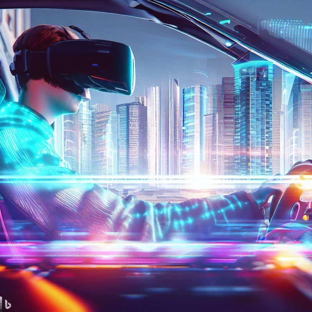 Visualize a futuristic cityscape with skyscrapers and neon lights, and seamlessly integrate a VR headset-wearing individual inside a virtual race car cockpit within the scene. The VR headset's visor could reflect the vibrant lights of the city, merging reality with the virtual. This image communicates the idea of diving into the future of racing through VR technology.