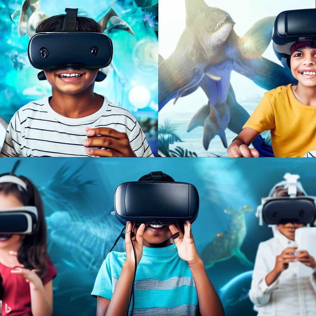 Show a collage-style image featuring children of various ethnicities wearing VR headsets and smiling while engaged in different virtual adventures. One child could be exploring an alien world, another could be underwater with marine life, and a third could be solving puzzles in a fantastical environment. This image conveys the diversity of experiences VR gaming offers for kids.
