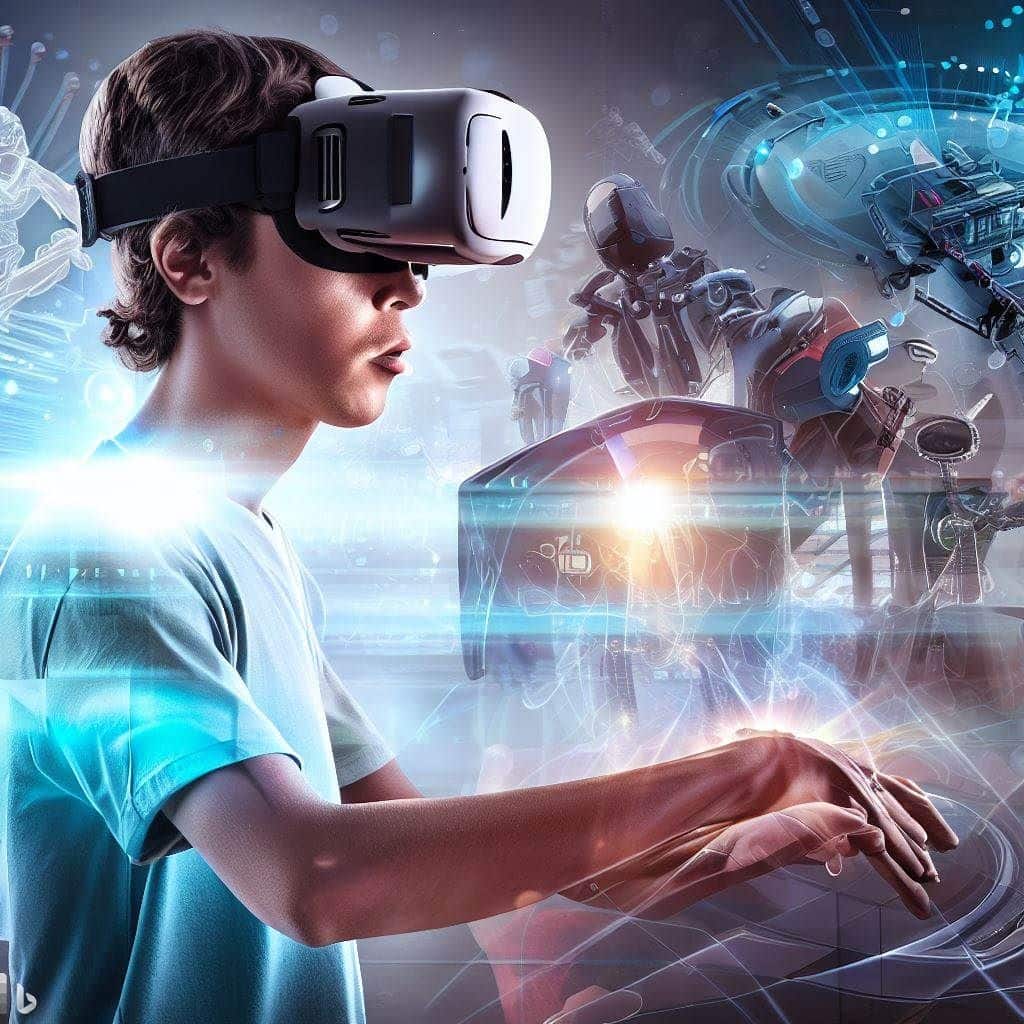 This hero image focuses on the future prospects and advancements in VR technology to reduce motion sickness. It features a collage-style composition: on one side, an individual wearing a VR headset, enjoying a seamless and comfortable VR experience without any signs of discomfort; on the other side, an array of futuristic VR equipment, including haptic feedback devices, personalized AI algorithms, and innovative VR environments. This image inspires optimism and highlights the ongoing research and innovation in the VR field.