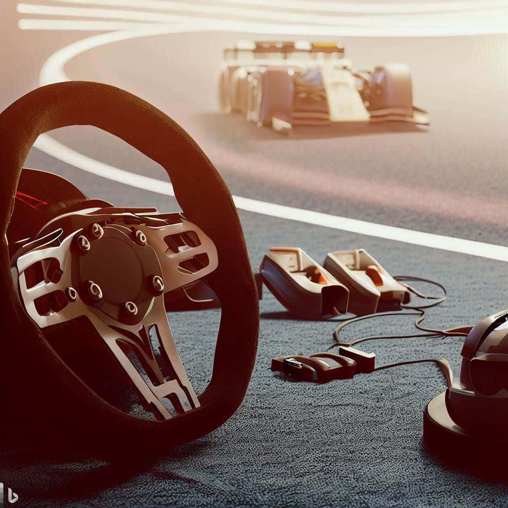 Emphasize the equipment needed to play Assetto Corsa in VR and how it enhances the immersion. Feature a composition where the VR headset, racing wheel, and pedals are neatly arranged on a backdrop that resembles a racetrack. This image conveys the idea that the right equipment transforms your surroundings into a lifelike racing environment.
Visual Elements: A well-lit setup with a VR headset, racing wheel, and pedals arranged on a sleek table. The backdrop could incorporate elements from a racetrack to set the scene. The image should convey a sense of realism and readiness to engage in a virtual race.