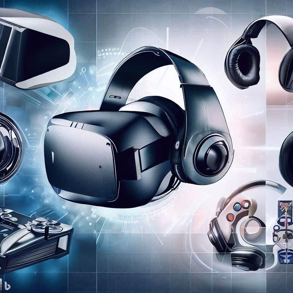 Create a visually appealing collage that showcases the evolution of virtual reality gaming technology. Include images of the clunky headsets from the past, the original PlayStation VR, and finally, the sleek Sony PlayStation VR2. Arrange these images in a creative and engaging manner, symbolizing the journey from the early days of VR to the cutting-edge technology of today.