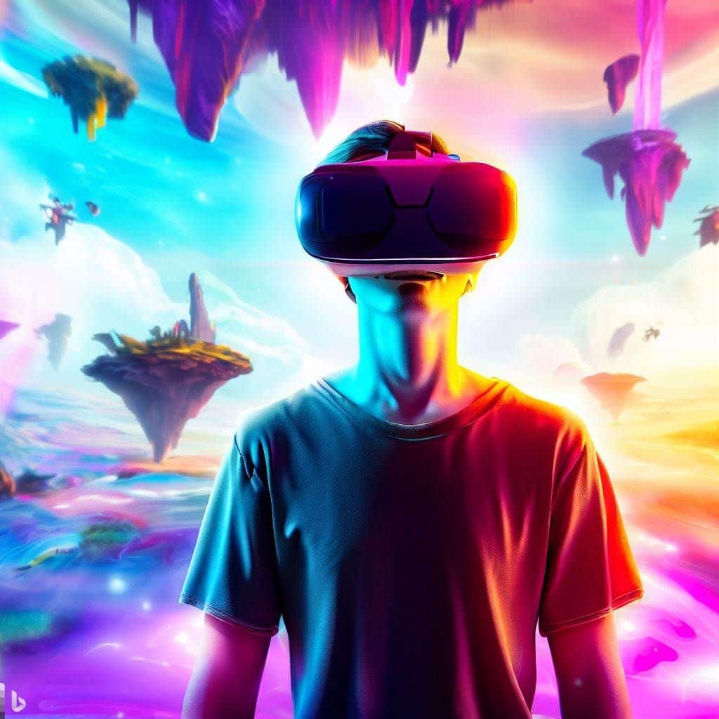 In this hero image, you can show a gamer wearing the Meta VR headset, fully immersed in a captivating virtual world. The background could be a blend of fantastical landscapes, gaming elements like floating islands, and vibrant colors that represent the immersive graphics quality. The gamer's facial expression should convey excitement and awe, capturing the essence of the Meta VR headset's gaming experience.