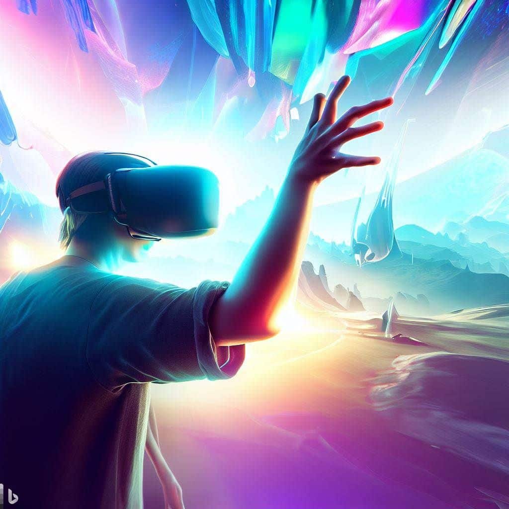 Showcase a breathtaking futuristic landscape rendered in virtual reality. The image could feature a player wearing a VR headset, fully immersed in the VR world. They could be reaching out towards a virtual object, highlighting the interactive aspect of VR gaming. The landscape could have vibrant colors, dynamic lighting, and elements that suggest the possibilities of VR game design. This image would evoke a sense of wonder and excitement about the immersive experiences that VR games offer.