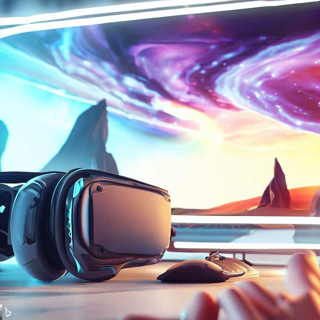 In this concept, you can portray a fusion of the real and virtual worlds, symbolizing the integration of VR technology into gaming. The hero image could depict a stylized gaming console or PC setup in the foreground, with VR headset and gloves neatly placed on a desk. Behind the setup, a breathtaking virtual landscape or game scene could seamlessly emerge, blurring the line between the physical equipment and the immersive experience it delivers. This image would emphasize how VR has become an integral part of the gaming industry, enhancing gameplay and taking players on extraordinary journeys.