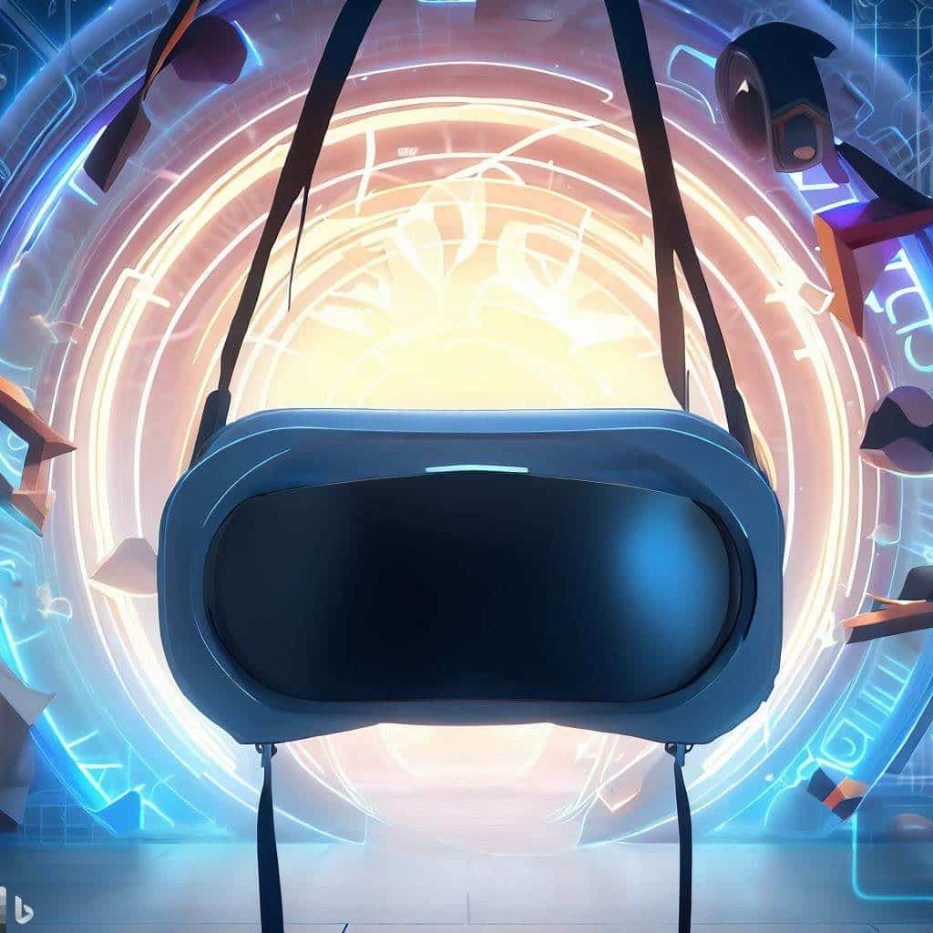 Depict a virtual gateway or portal with the iconic PlayStation symbols, inviting viewers to step into a new gaming dimension. A VR headset should be hanging from the portal, signifying the access point to this immersive world. The background could showcase glimpses of various VR game worlds, creating a sense of curiosity and wonder.