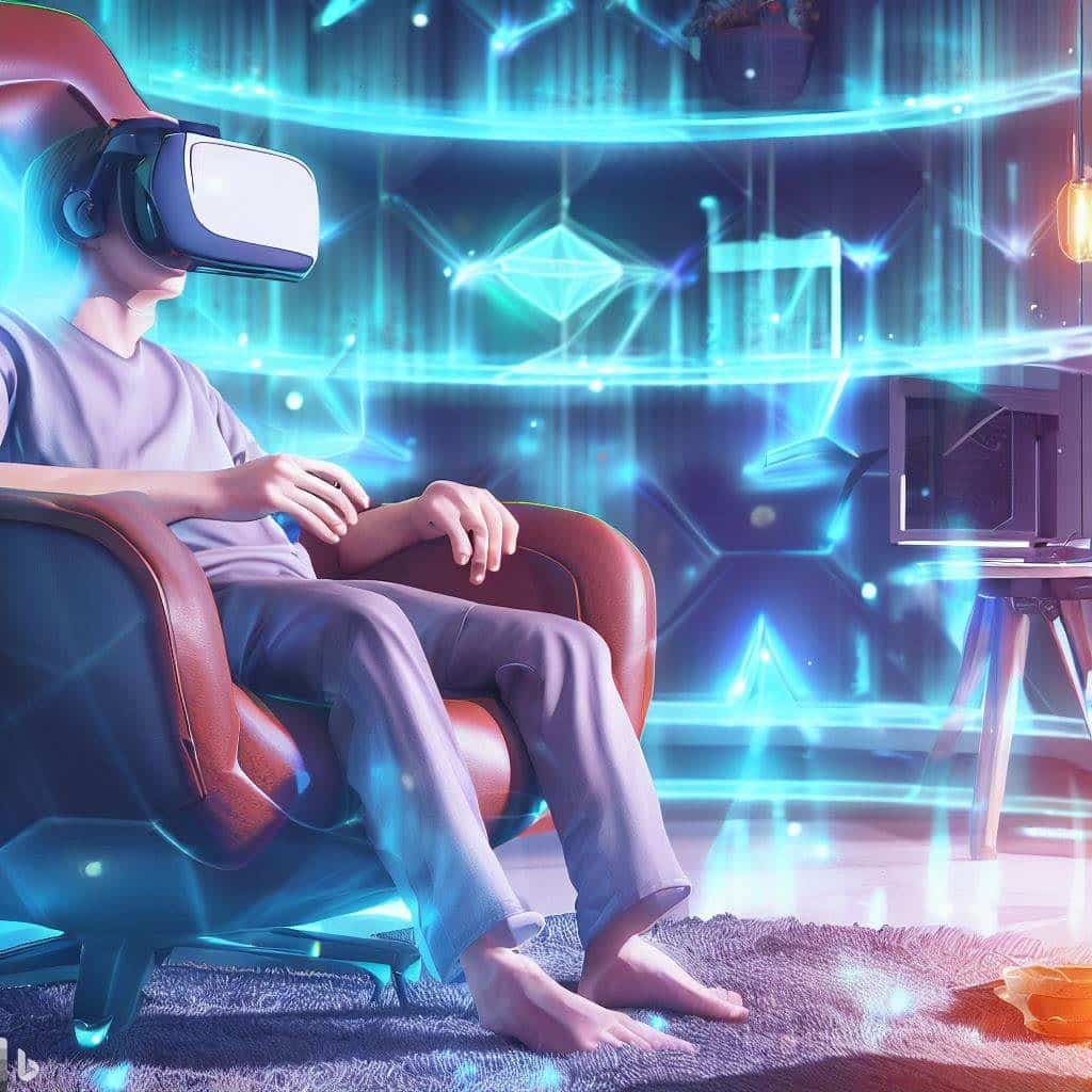 Depict a cozy gaming setup with a gamer comfortably seated and wearing the Meta VR headset. The room should have a futuristic design with hints of technology, such as holographic displays or VR-related gadgets. Show the Meta VR headset's high-resolution display in action, projecting stunning visuals around the gamer. This image would emphasize the headset's performance, comfort, and immersive gaming experience.