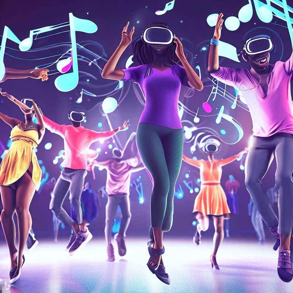 A playful and captivating scene highlighting the fun and interactive nature of VR dance games. The image depicts a diverse group of people wearing VR headsets, surrounded by floating dance notes and visual effects. Each dancer could be striking a unique pose, representing different dance styles, while the VR environment adds a touch of magical realism.