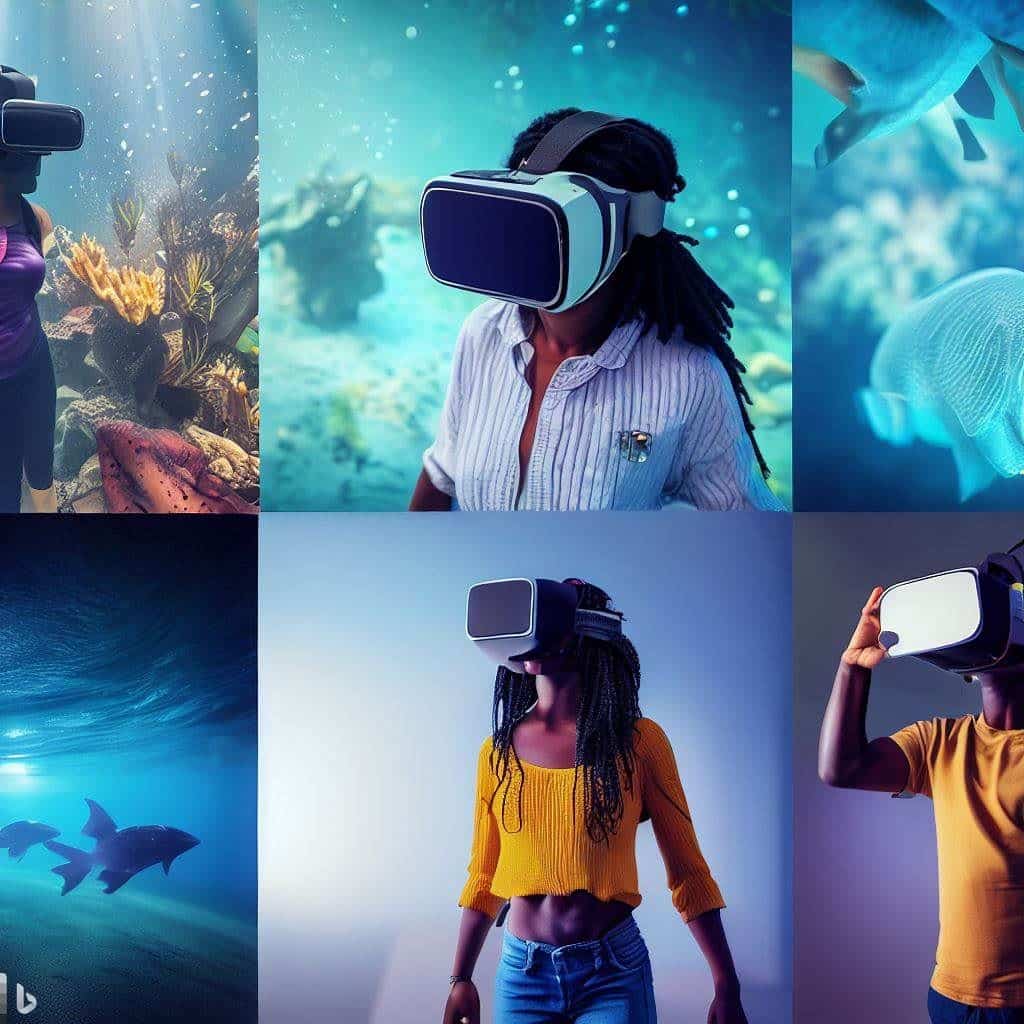 A diverse group of students wearing VR headsets, each exploring different virtual environments. One student is underwater with marine life, another is walking through an ancient city, and another is floating in outer space. The image captures the excitement and engagement of students as they interact with virtual learning experiences.