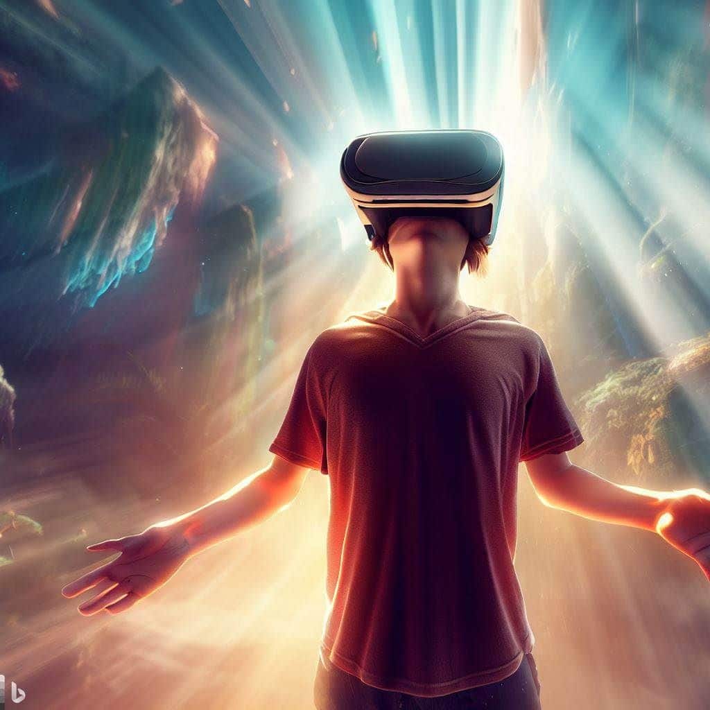 This hero image showcases a person wearing a VR headset, immersed in a stunning virtual landscape. The background is a beautifully detailed 3D environment, giving a sense of depth and realism. The person's body language indicates wonder and amazement as they explore the digital world around them. Rays of light from the virtual environment spill onto the person's face, highlighting their expression