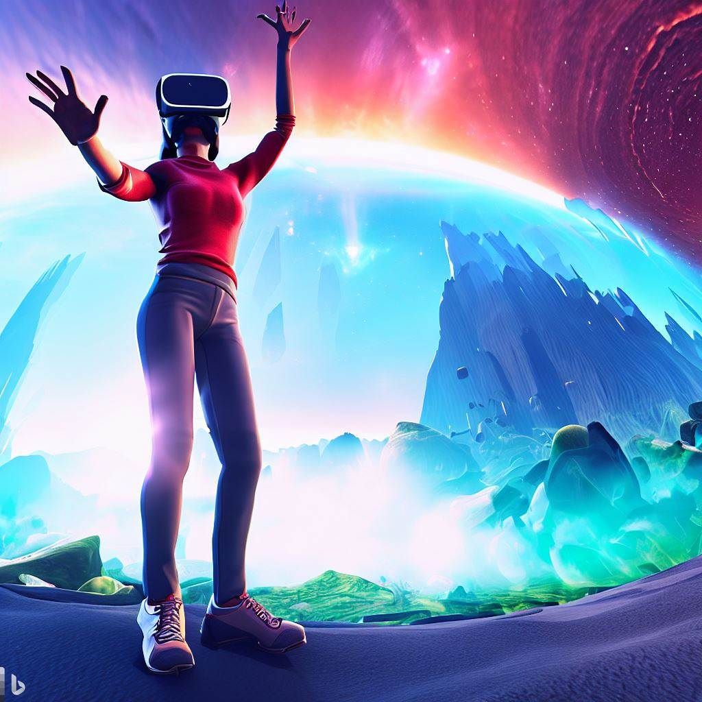 An image that captures the essence of immersive exploration in VR. Show a person wearing a VR headset, standing in a dynamic pose against a backdrop of breathtaking virtual landscapes. The person's facial expression should convey wonder and amazement. The VR headset's screen should display a vivid and captivating VR environment, giving viewers a glimpse into the immersive world of VR apps for iPhones.