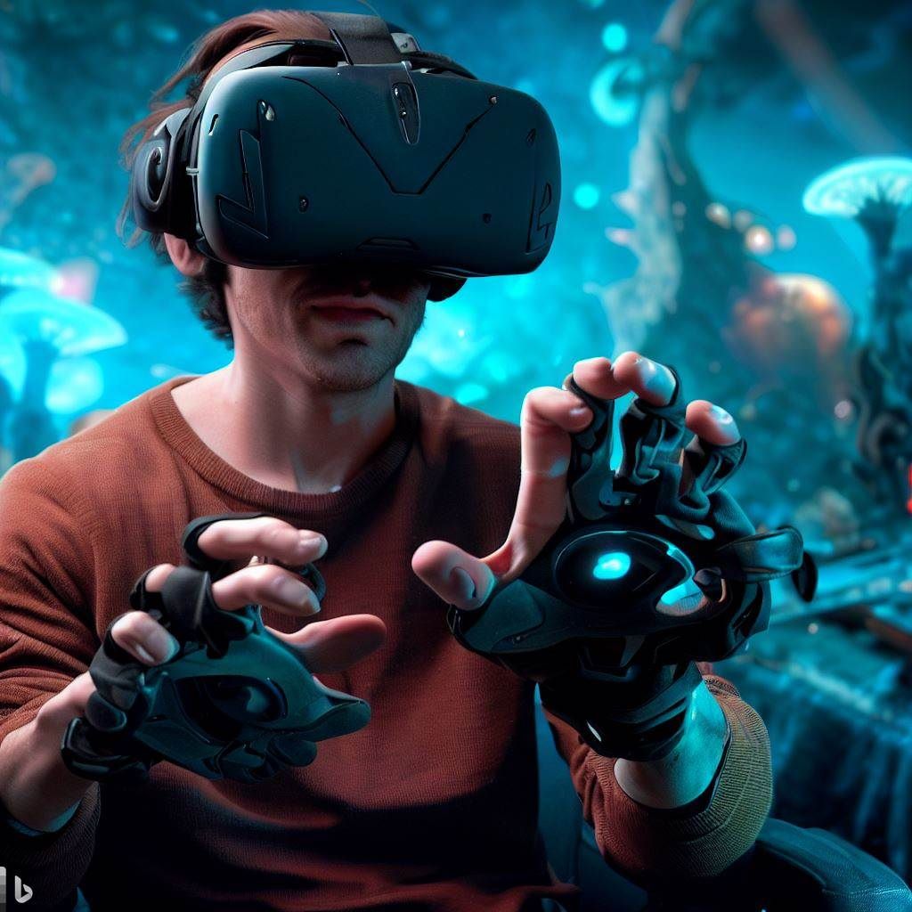 This hero image depicts a gamer wearing the Valve Index headset and using the innovative "Knuckles" controllers. The image showcases a scene from a visually stunning VR game, with the gamer fully immersed in the virtual world. The high-resolution displays of the Valve Index capture intricate details, and the wide field of view emphasizes the immersive nature of the experience. The background could show a glimpse of the game's environment, with vibrant colors and dynamic action. This image aims to capture the sense of excitement and immersion that the Valve Index offers.