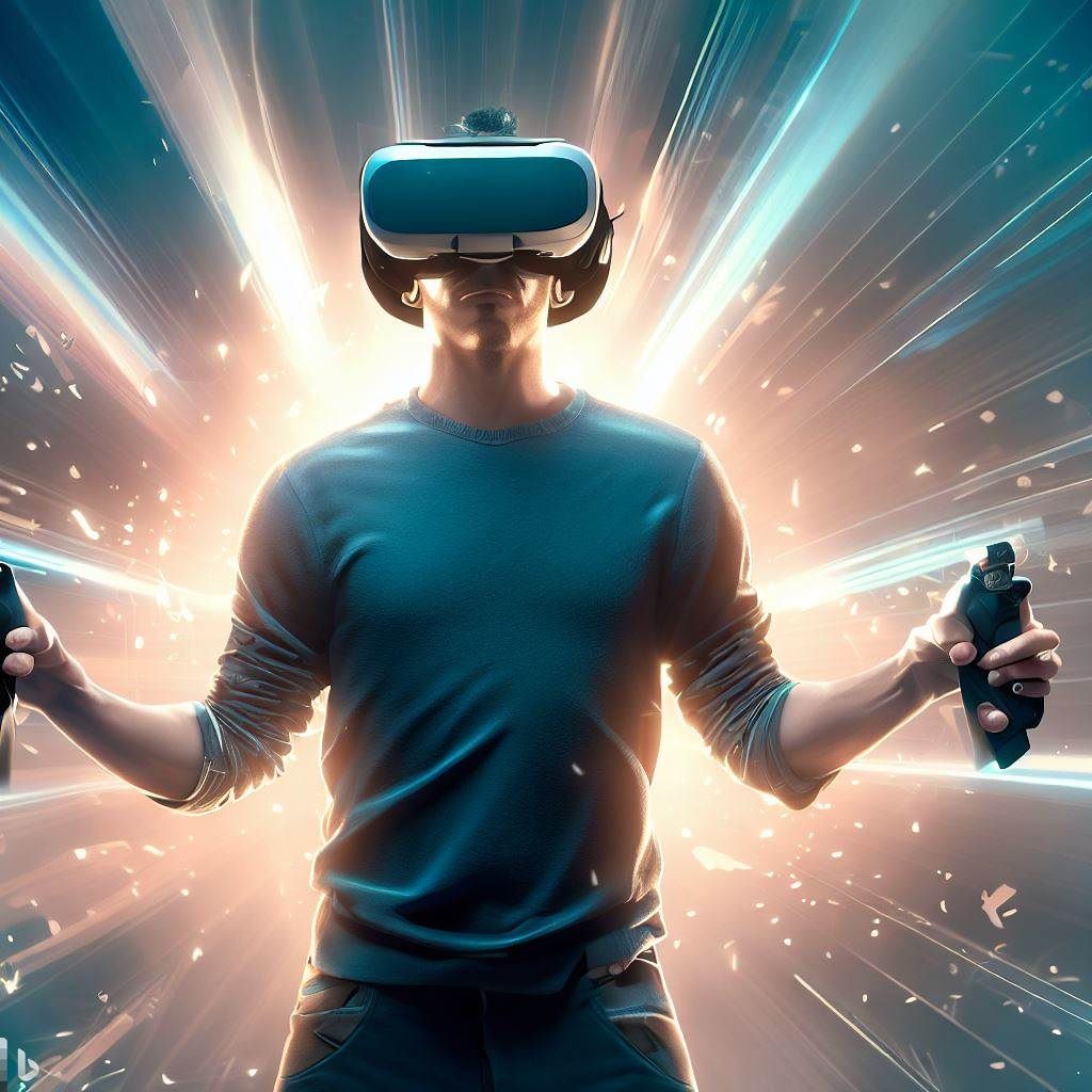 The hero image showcases a person wearing a VR headset and holding VR controllers in each hand. The person is fully immersed in a virtual world, with their body movements mirrored by the virtual character on the screen. The background is a dynamic and visually stunning virtual environment from one of the featured VR games with full body tracking. Rays of light and particles add to the sense of immersion.