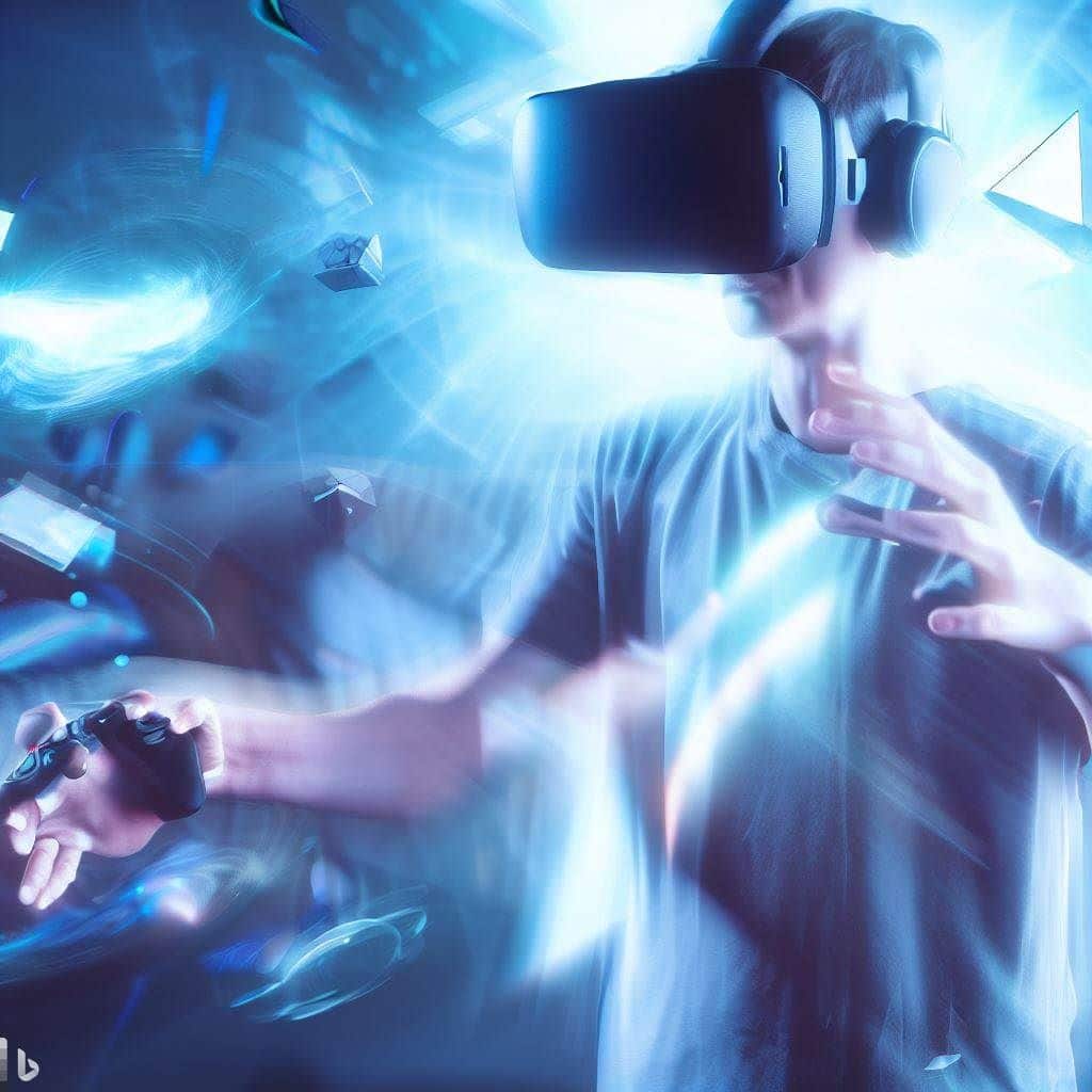 Show a dynamic scene of a player wearing the PlayStation VR headset, fully immersed in a virtual world. The player could be seen with a gaming controller in hand, interacting with elements from a popular VR game. The LED lights on the headset could be illuminated, emphasizing the technology. Background: The virtual world could be a futuristic landscape from one of the featured games, showcasing the stunning graphics and immersive experience. Text Overlay: "Step Into Another Reality - PlayStation VR Review"