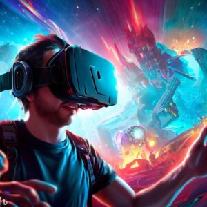 This hero image portrays a gamer wearing a VR headset, fully immersed in a captivating virtual environment. The gamer's expression shows a mix of excitement and concentration. The background is a stunning and visually engaging VR game world, complete with vibrant colors and dynamic elements. The text overlay reads "Dive into a New Dimension" in bold, futuristic font.