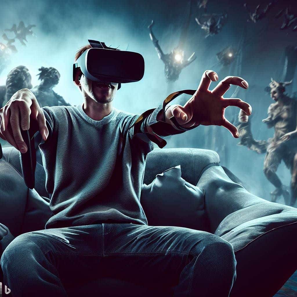 A dynamic image showcasing a VR player wearing a headset and holding motion controllers, fully engaged in a VR zombie game. The player is shown in a comfortable and spacious gaming setup,suggesting the freedom of movement that VR offers. The VR environment is projected around them, with eerie and atmospheric visuals of zombies and a dark landscape. This image captures the immersive nature of VR gaming while highlighting the excitement and suspense of the zombie genre.