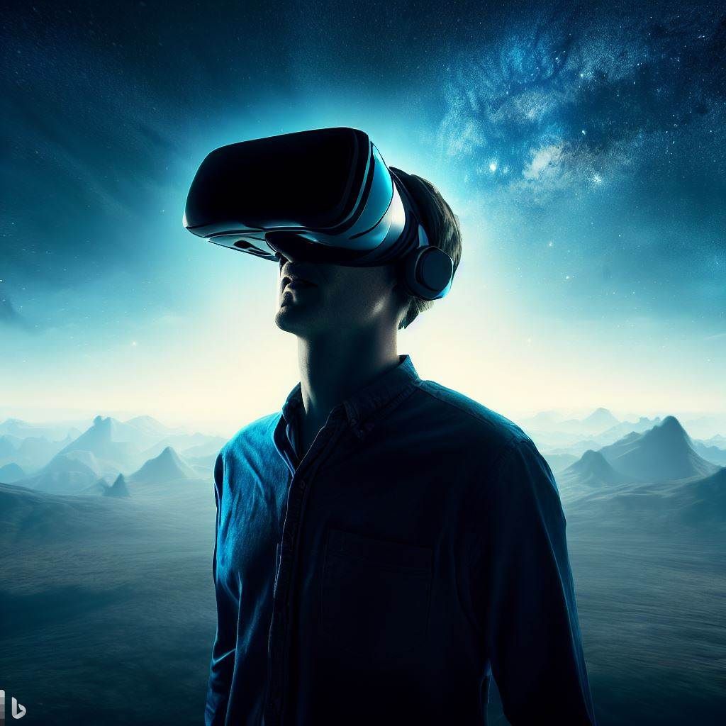 image depicts a person wearing the Pimax 5K XR VR headset, completely engrossed in a breathtaking virtual landscape. The image captures the wide field of view, showcasing the expansive and immersive experience the headset offers. The VR user's expression of awe and wonderment highlights the level of immersion provided by the Pimax 5K XR. The background displays a vibrant virtual world with stunning visuals and dynamic elements to evoke the feeling of being transported to another reality.