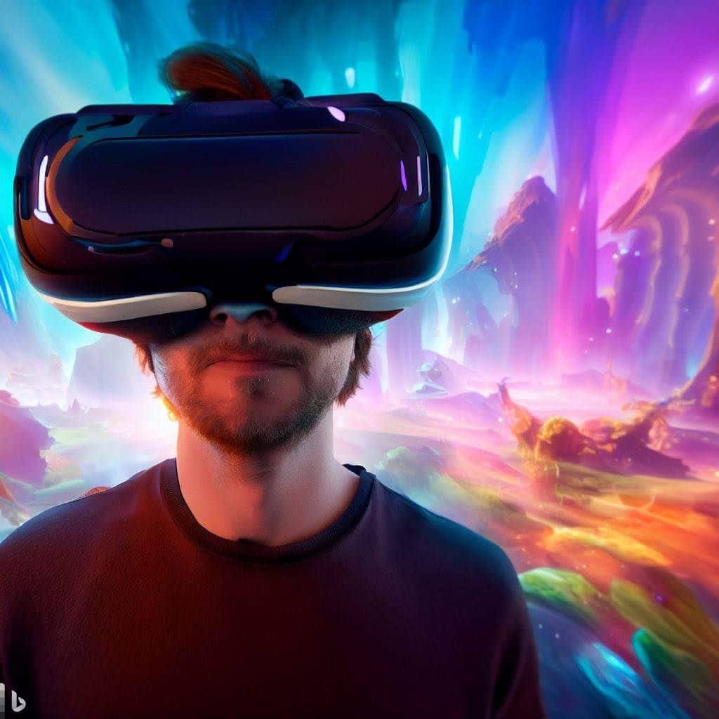This hero image showcases a person wearing a VR headset, fully immersed in a breathtaking virtual environment. The background depicts a fantastical landscape with vibrant colors and stunning visuals. The person's expression reflects their awe and excitement, capturing the essence of the immersive experience VR headsets provide.
