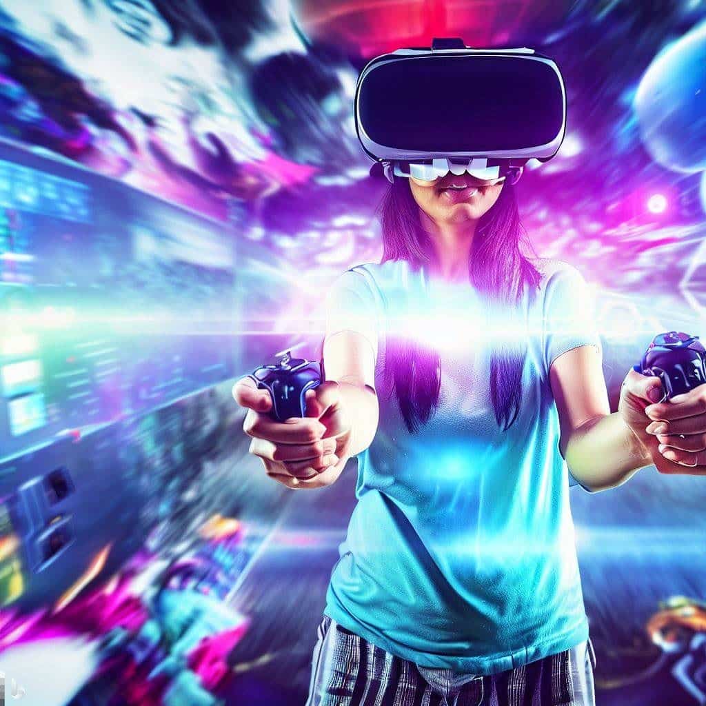 A person wearing a VR headset and holding VR controllers is shown in the midst of an intense VR gaming experience. The person is surrounded by a virtual environment, possibly from a popular VR game, with vibrant visuals and dynamic action. The VR headset's screen displays an exciting in-game scene, showcasing the immersive nature of VR gaming.