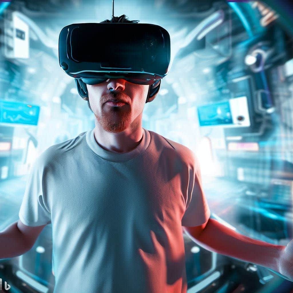 This hero image showcases a gamer wearing a VR headset while surrounded by a futuristic, immersive VR gaming environment. The gamer's expression reflects excitement and immersion.