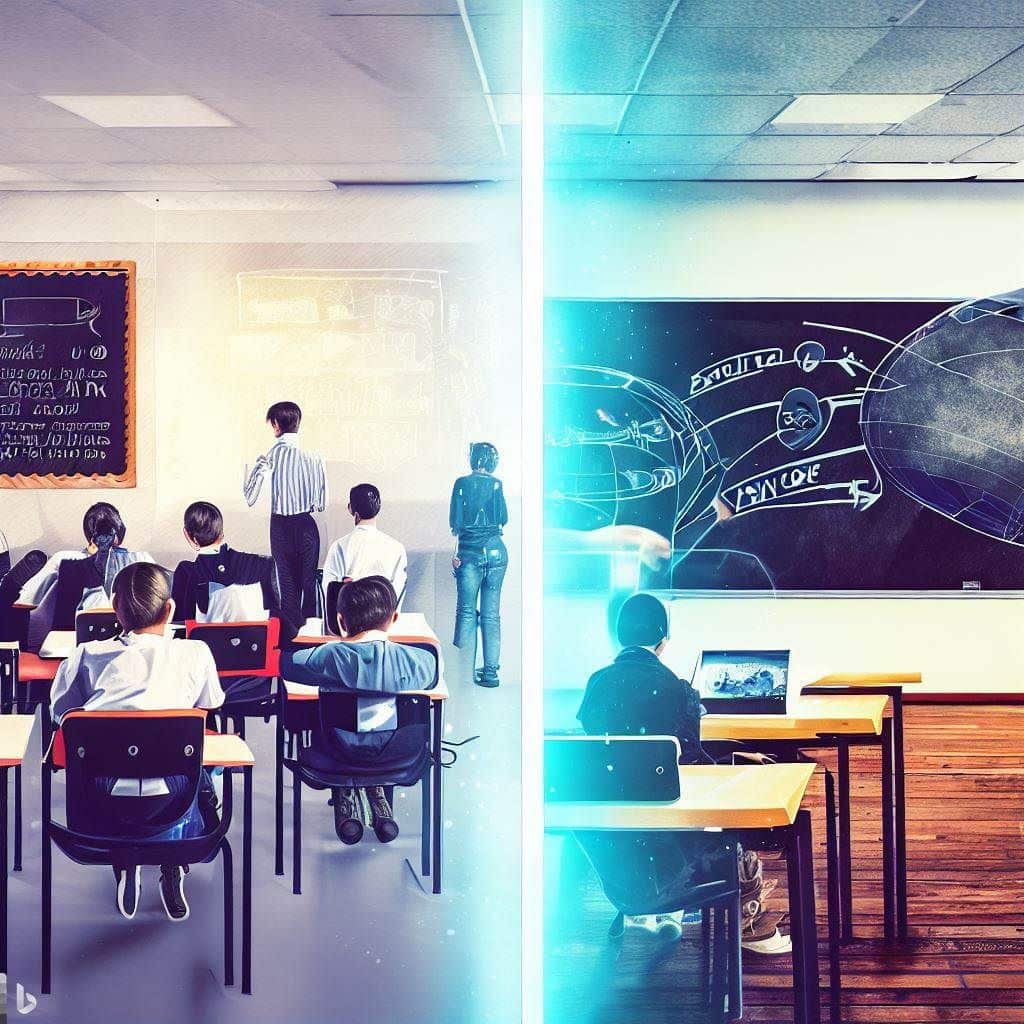 A split-image composition. On the left side, there's a classroom setting with traditional desks and a blackboard. On the right side, there's a futuristic VR environment with students actively engaged in various subjects. The image symbolizes the transition from traditional education to the dynamic, interactive world of virtual reality learning.