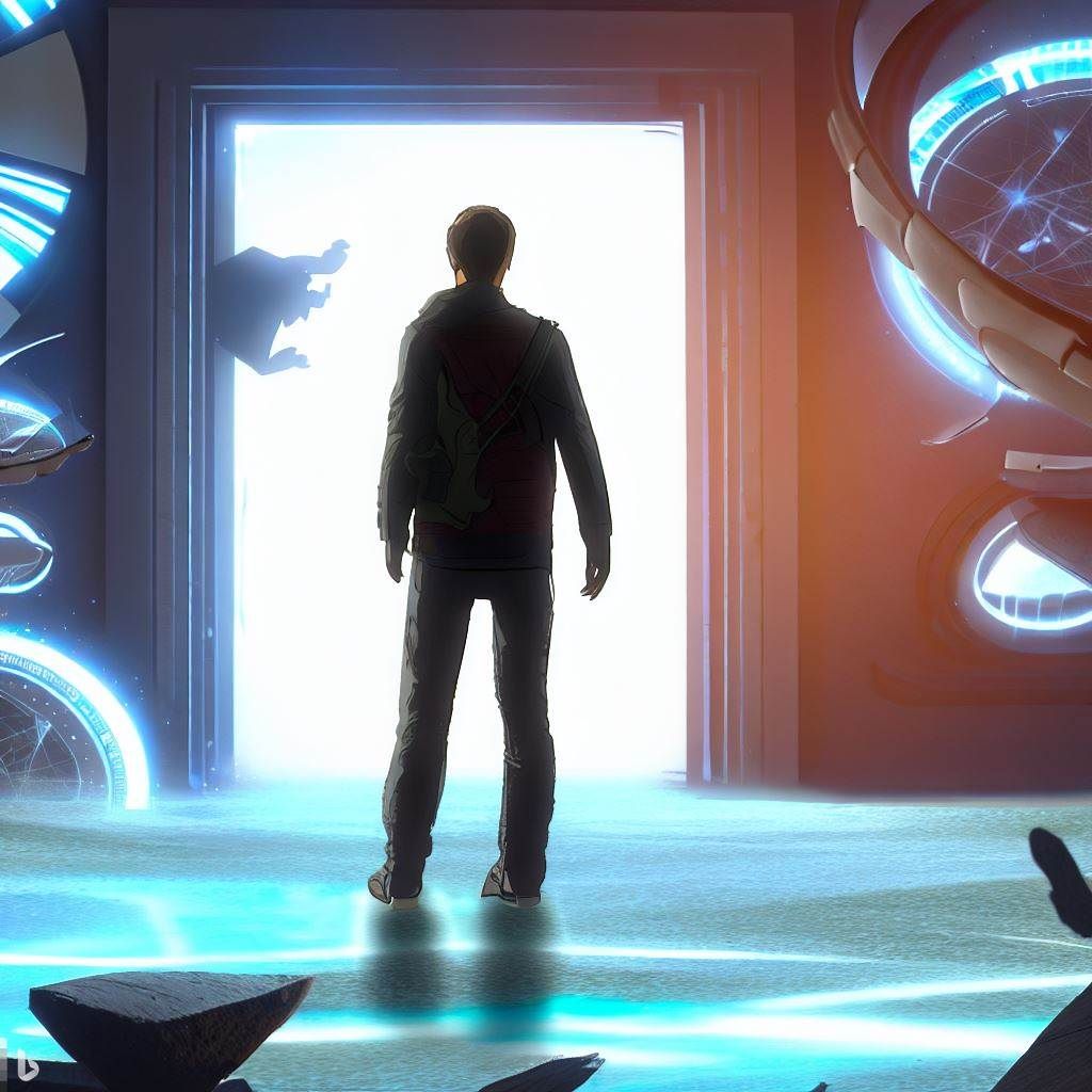 A solitary adventurer standing at the entrance of a virtual escape room, surrounded by a mix of real-world and virtual elements. They have one foot in the real world and the other stepping into the virtual environment, symbolizing the transition between reality and the immersive world of VR escape room games. The background shows a glimpse of the thrilling and mysterious setting awaiting players inside the virtual room.