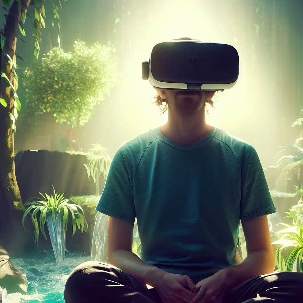 A visually striking hero image that portrays a person wearing a VR headset while sitting in a serene, natural environment. The user is surrounded by lush greenery, calming water features, and soft sunlight. The person's relaxed expression conveys a sense of peace and tranquility. This image symbolizes the escape and emotional healing that VR can provide through immersive experiences.
