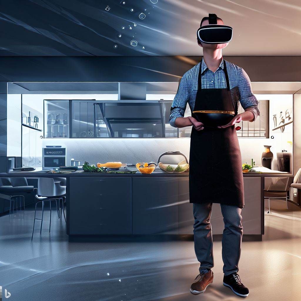 Design an image that portrays a player in a VR headset standing confidently in a sleek, modern virtual kitchen. The scene features a split screen effect, with one side showing the player's virtual actions, like chopping ingredients or flipping a virtual pan, and the other side displaying the corresponding real-world actions in a physical kitchen. This image illustrates the educational value of VR cooking games and how they can enhance real cooking skills.