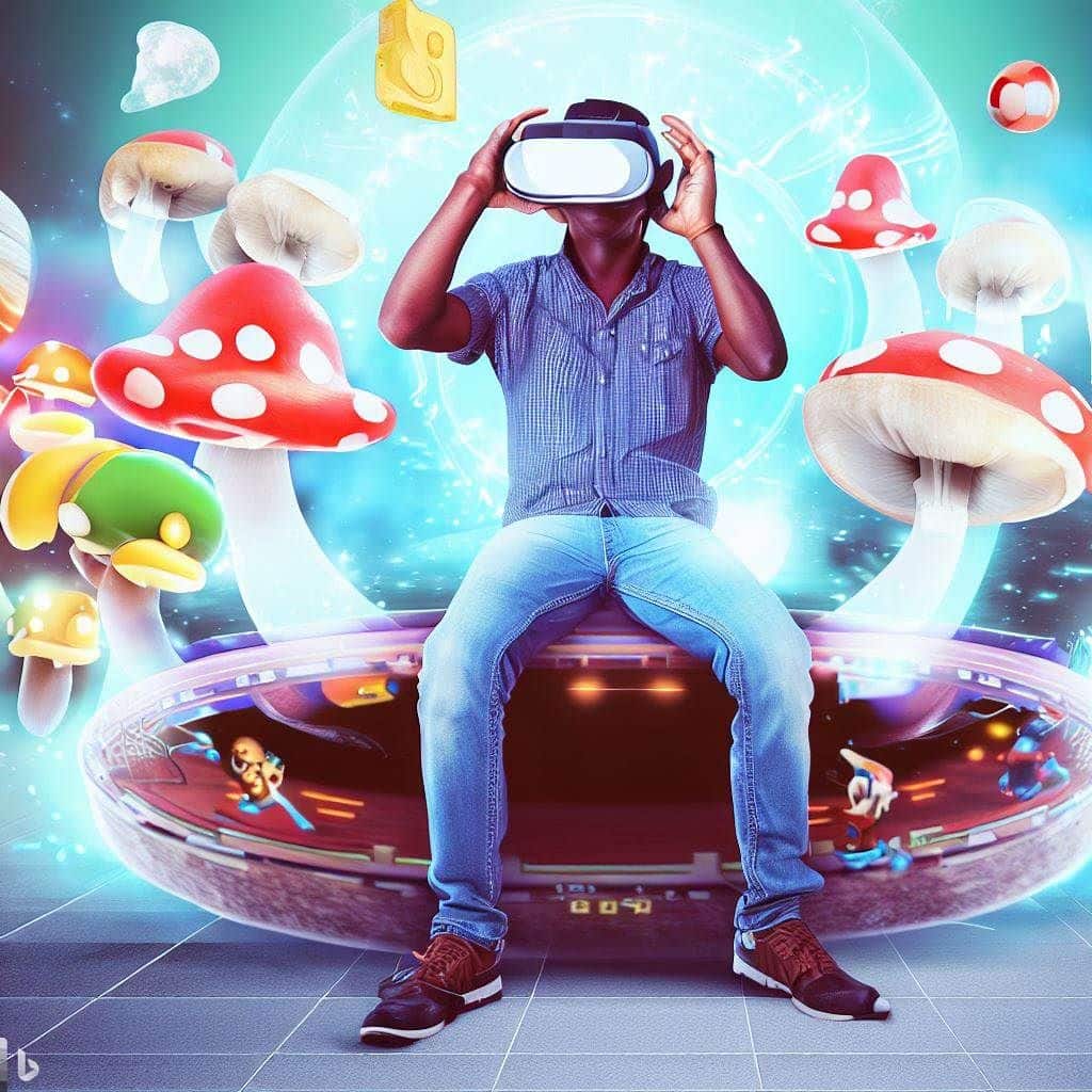 Create an image that showcases the merging of the virtual world with reality. Picture a person wearing a VR headset, but instead of sitting, they're standing in a playful pose as if they're inside the game. Overlay the VR visuals of the Mushroom Kingdom around them, with Mario Kart elements like coins, power-ups, and characters in the scene. This image would highlight how playing Mario Kart on VR transforms your surroundings into the game's universe.