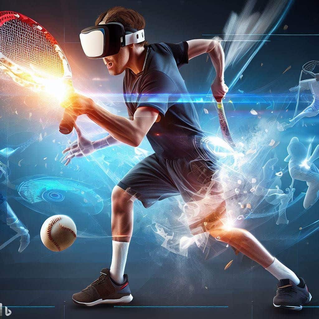 Design an image that focuses on the interaction between a player and the VR sports game. Show a player wearing a VR headset and motion controllers, actively participating in a sports game. For example, the image could depict a player swinging a tennis racket, throwing a punch, or shooting a basketball. To emphasize the immersive aspect, include elements like visual effects that represent motion and interaction, enhancing the feeling of being in the game world.