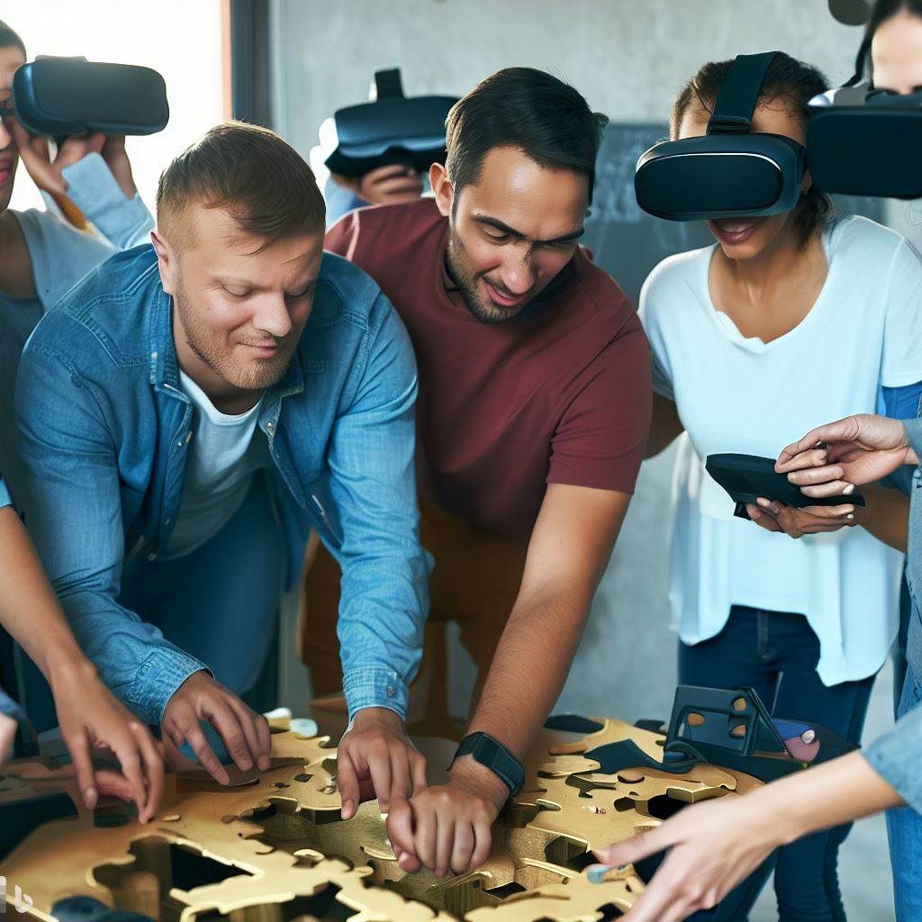 A diverse group of friends or colleagues wearing VR headsets, each focused on a different puzzle or challenge within a shared virtual escape room. Their body language and expressions show their enthusiasm and collaboration as they work together to solve the puzzles. The virtual room is filled with intricate clues, mechanisms, and mysterious elements.