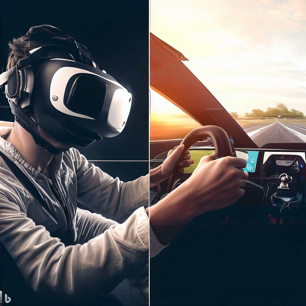 Capture a split-screen effect where one side shows a real-life racing car on a track, and the other side mirrors the same scene but in VR. The VR side should have a clear representation of the user wearing a VR headset, sitting in a virtual car cockpit, gripping the virtual steering wheel. This image highlights the contrast between real-world and virtual racing experiences.