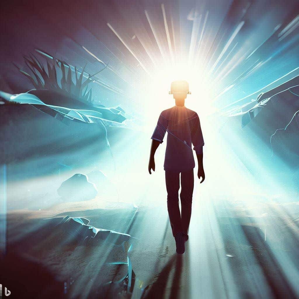 This hero image focuses on the journey of overcoming addiction. It shows a person walking away from a virtual reality environment, symbolizing the decision to break free from VR gaming addiction. The person is depicted confidently stepping out of a VR headset, with rays of light representing hope and recovery shining ahead. The background features a blend of digital and natural elements, suggesting a transition from virtual to real. The text overlay reads "Reclaim Your Reality" in a calm yet determined font.