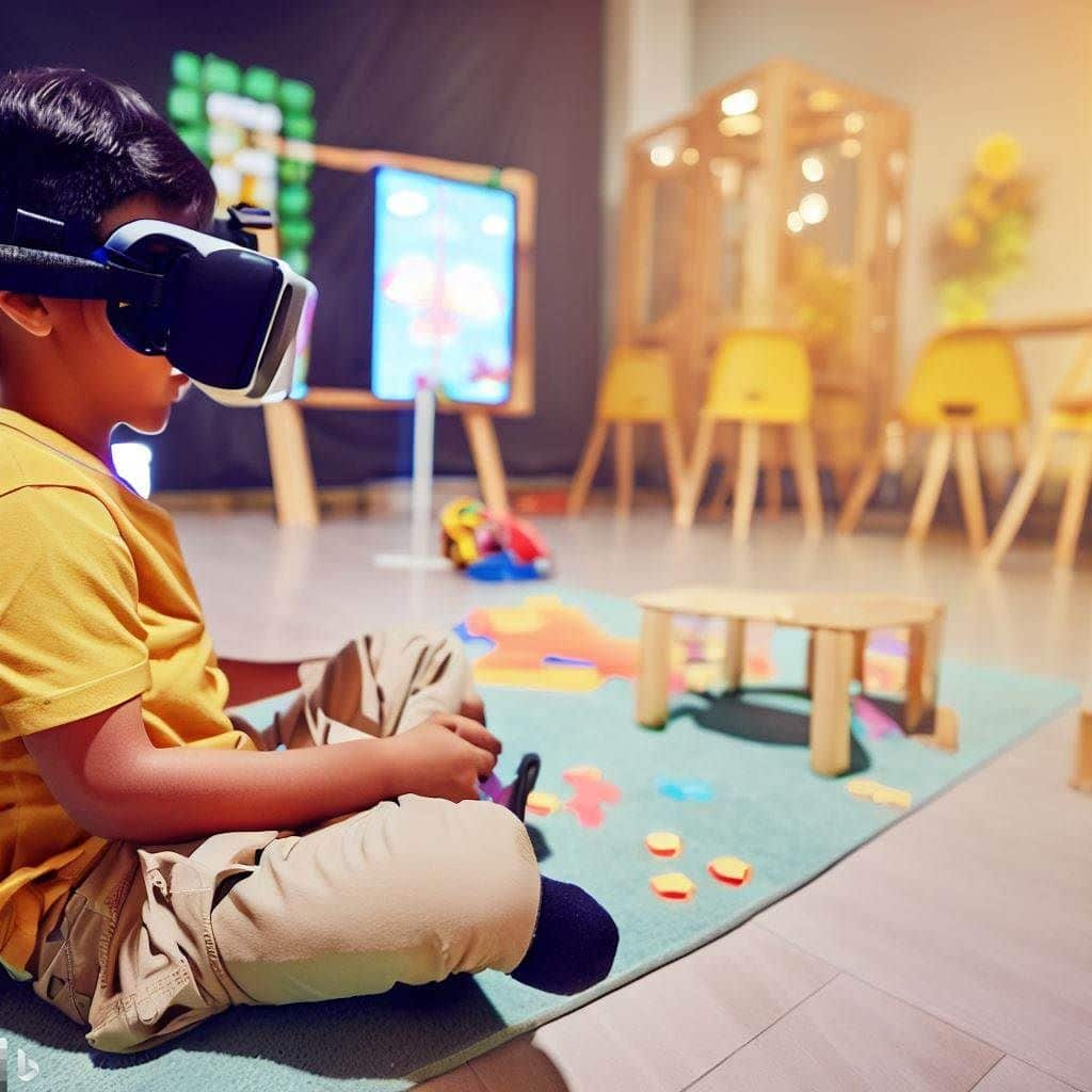 In this hero image, a child is seen wearing a VR headset while seated comfortably in a well-lit and organized play area. The child is engrossed in a virtual learning experience, possibly solving a puzzle or exploring a virtual science lab. The play area is clear of any obstacles, highlighting the importance of creating a safe environment for VR usage. A warm and inviting atmosphere, complete with educational elements, could be incorporated into the background.