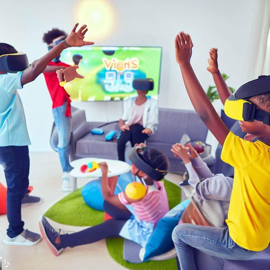 Showcase the social aspect of VR gaming by depicting a group of kids playing collaborative games. Capture the excitement of kids high-fiving and cheering as they work together to complete challenges in a virtual environment. Make sure to include elements from popular VR games mentioned in the article, like a child slicing virtual fruits or participating in a friendly sports competition.