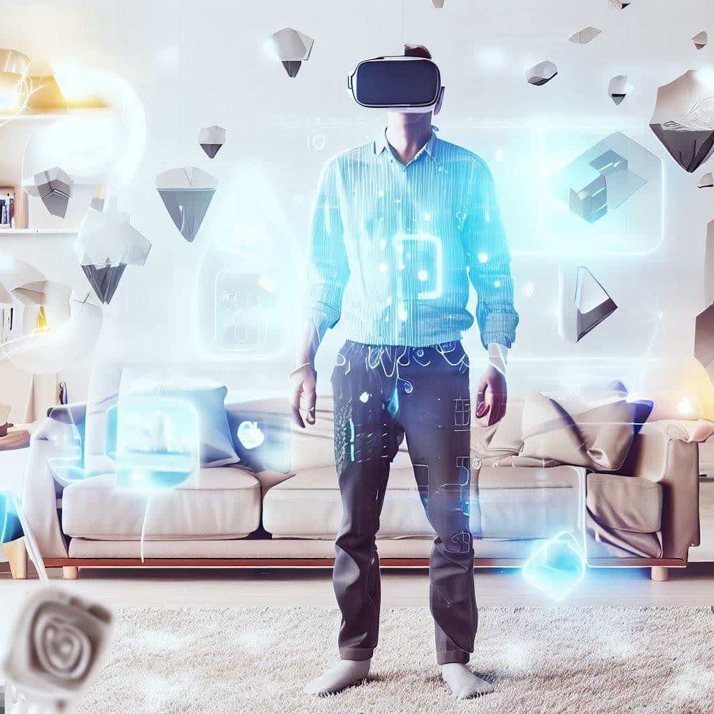 Portray the seamless blend of virtual and real worlds with an image that showcases both a person wearing a VR headset and engaging with their surroundings. Show the person standing in a modern living room, with holographic-like VR elements seamlessly integrated into the room: virtual objects, educational displays, and entertainment options floating in mid-air. This image represents the potential of Mixed Reality (MR) and the exciting future of VR apps on iPhones.