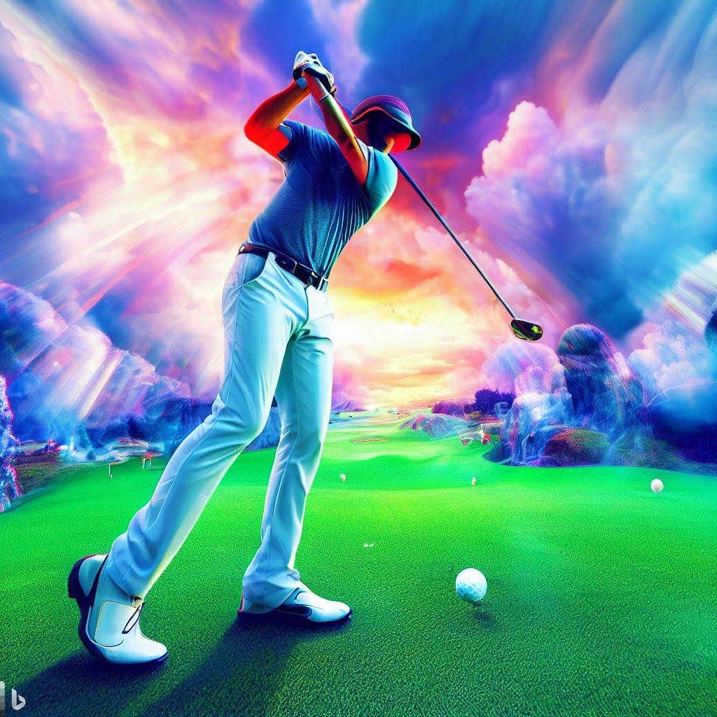 Create a visually striking image of a golfer in full swing, captured in a freeze-frame moment. Instead of depicting a real golf course, the background could transition into a fantastical and vibrant VR environment. The golfer's expression of concentration and determination adds a touch of realism to the surreal surroundings. This image symbolizes the fusion of traditional golfing skill with the innovation and excitement of virtual reality.