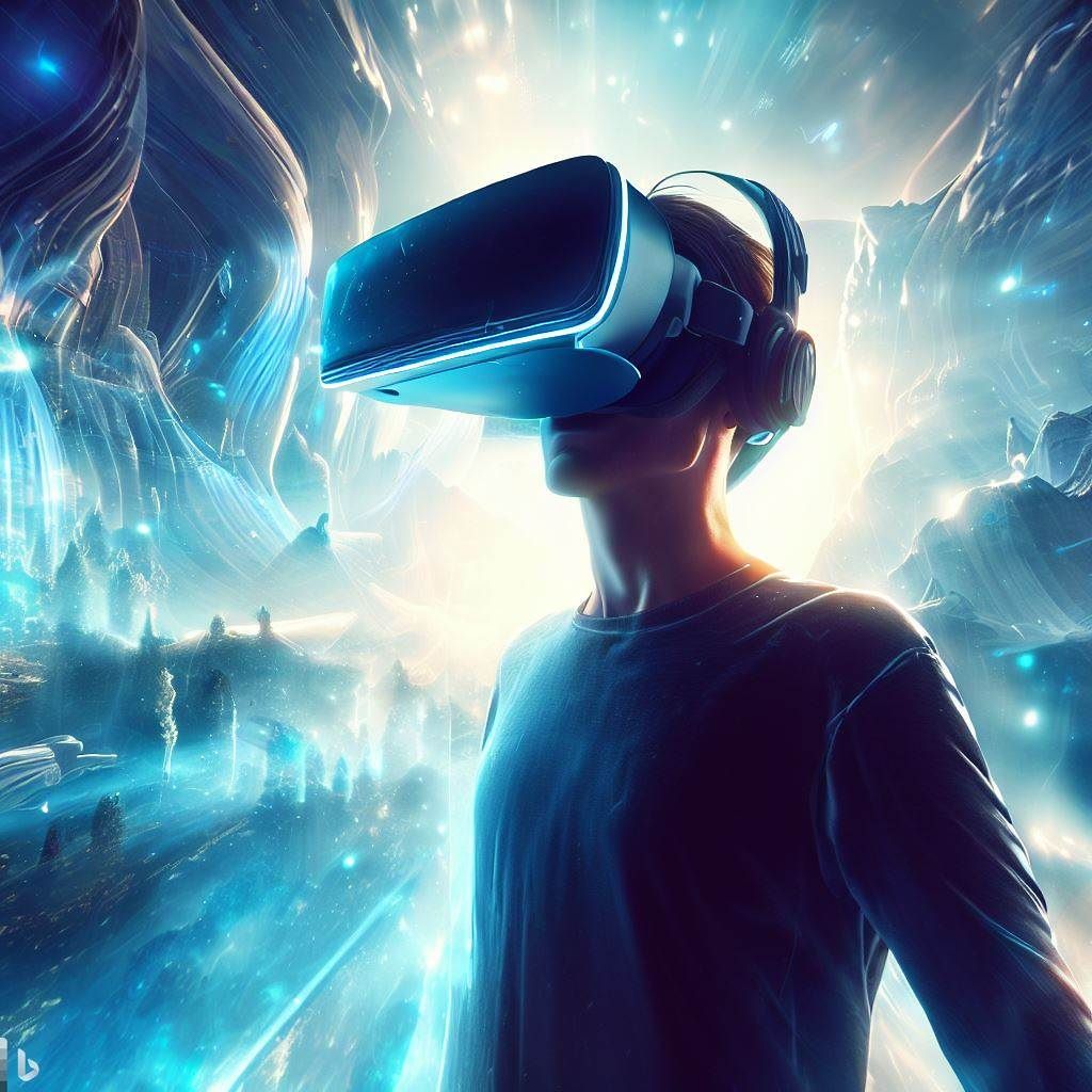 A visually stunning and captivating scene of a person wearing a VR headset, immersed in a virtual landscape. The person's expression should convey a sense of wonder and amazement as they explore the virtual world. The VR headset should be visible, and the surrounding environment should be a blend of futuristic technology and fantastical elements, showcasing the potential of VR technology.